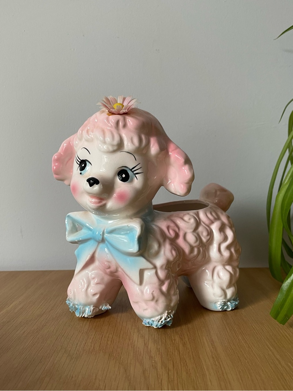 Vintage Midcentury Pink Floral Lamb Poodle 155 Planter Kitschy 60s Japan